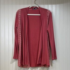 POL Lace pink raw edge open long sleeve Cardigan NWOT